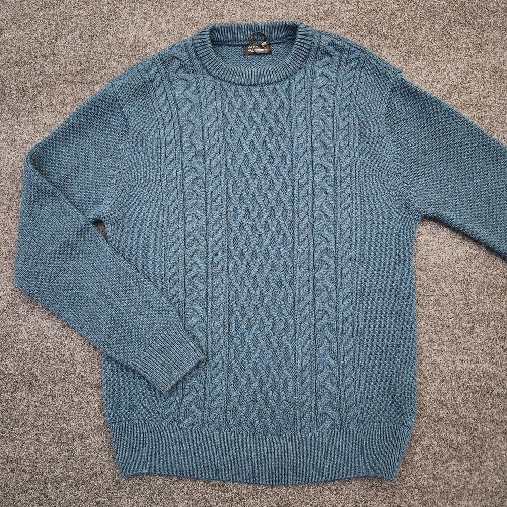 Zara Mens XL Teal Blue Cable-Knit Braids Crewneck Sweater Fisherman Old Money